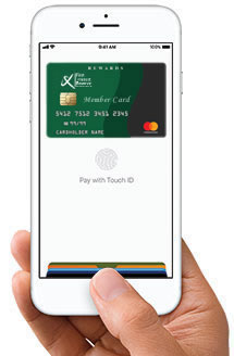 hand with iphone and Apple Pay and MemberCard showing