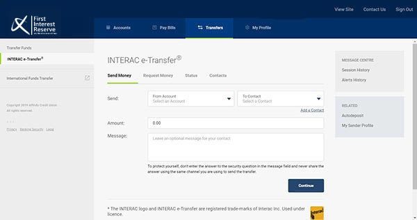 online banking screen with e-transfer